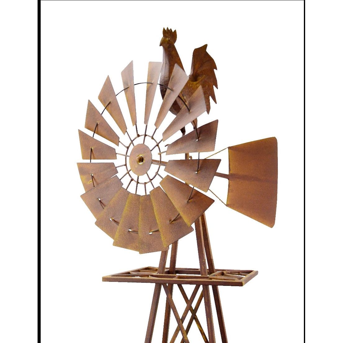 Closeup of rustic rooster spinner windmill