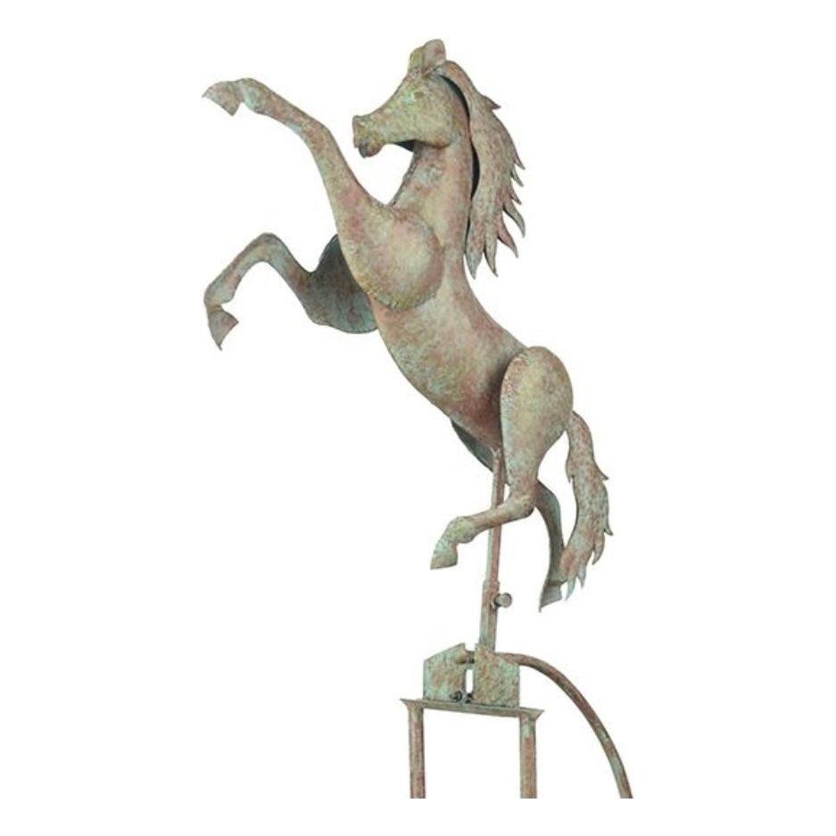 Closeup of large horse rocker showing the patina