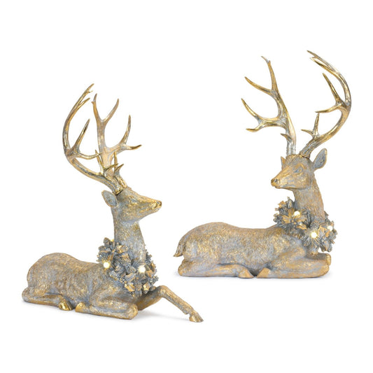 Holiday Deer Figurine with Lighted Wreath and Gold Finish (Set of 2) From Melrose Int’l - FREE SHIPPING