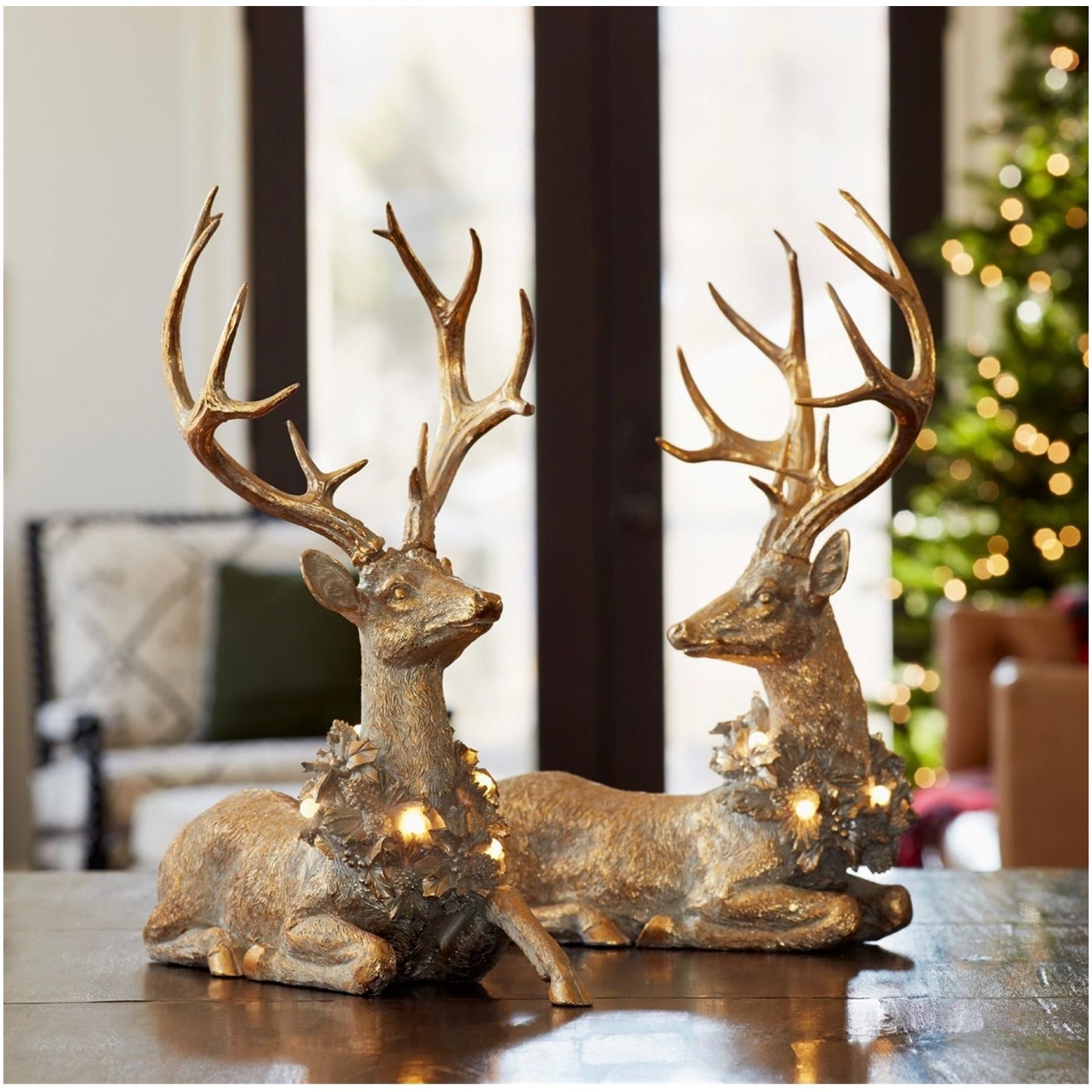 Holiday Deer Figurine with Lighted Wreath and Gold Finish (Set of 2) From Melrose Int’l - FREE SHIPPING
