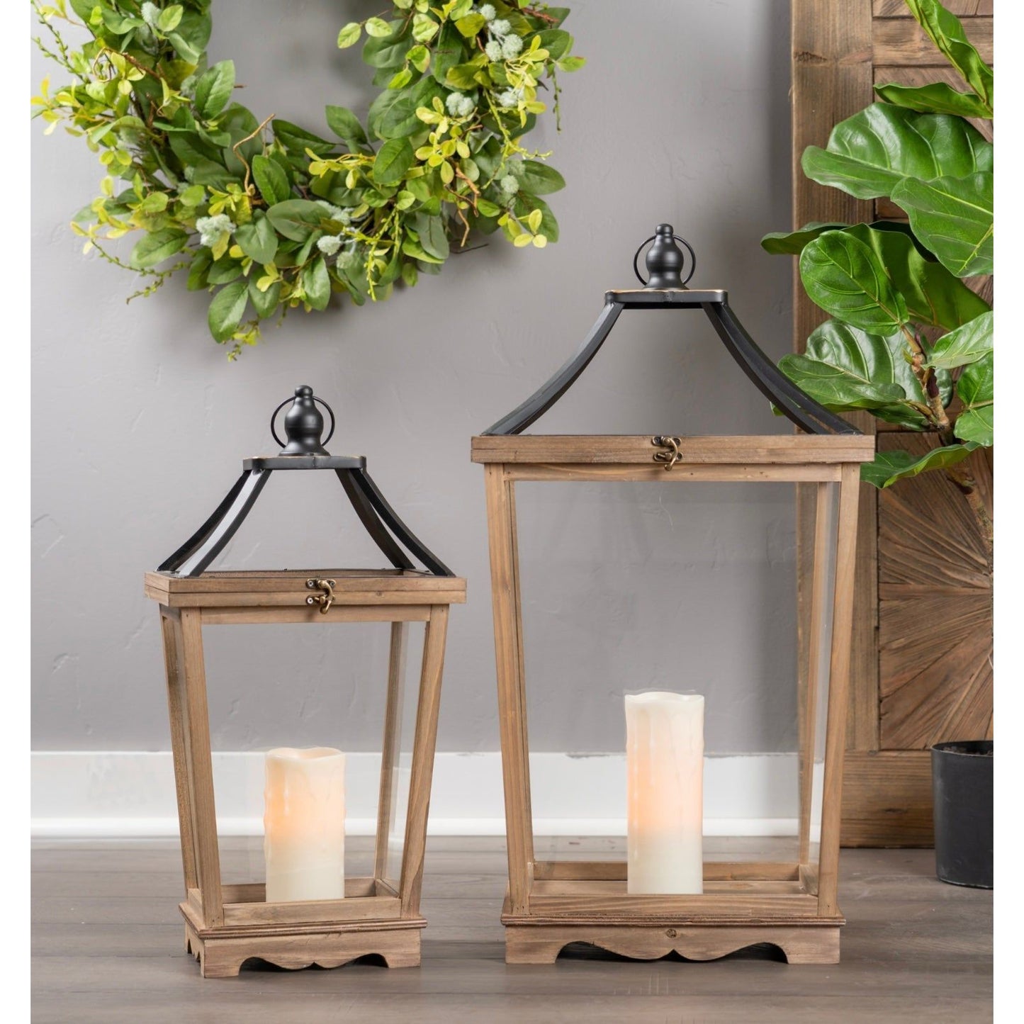 Natural Wooden Lantern w/Open Top (Set of 2)24"H,30.5"H Wood/Glass-from Melrose Int’l 81407- FREE SHIPPING & $129.