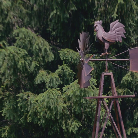 Video of rustic rooster windmill spinner spinning